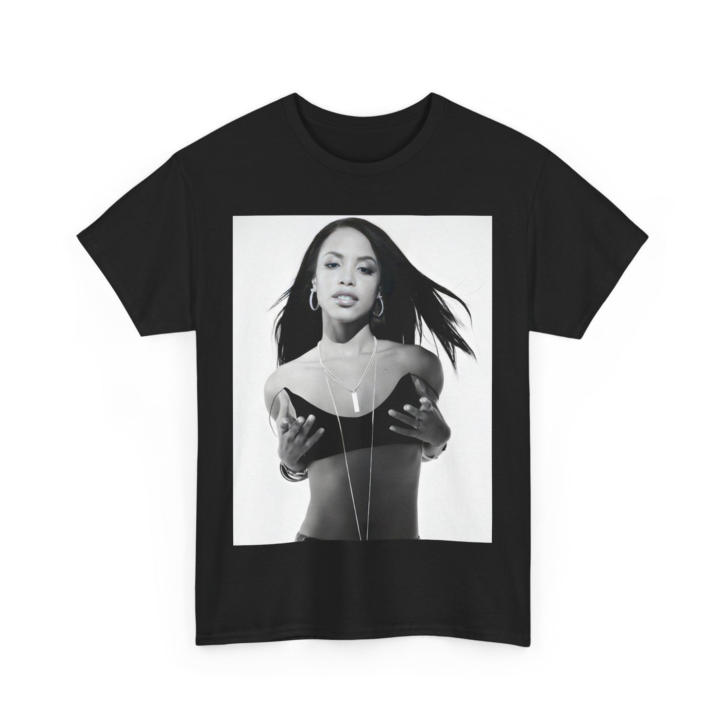 A black graphic t-shirt featuring a black and white graphic of Aaliyah as an urban princess.