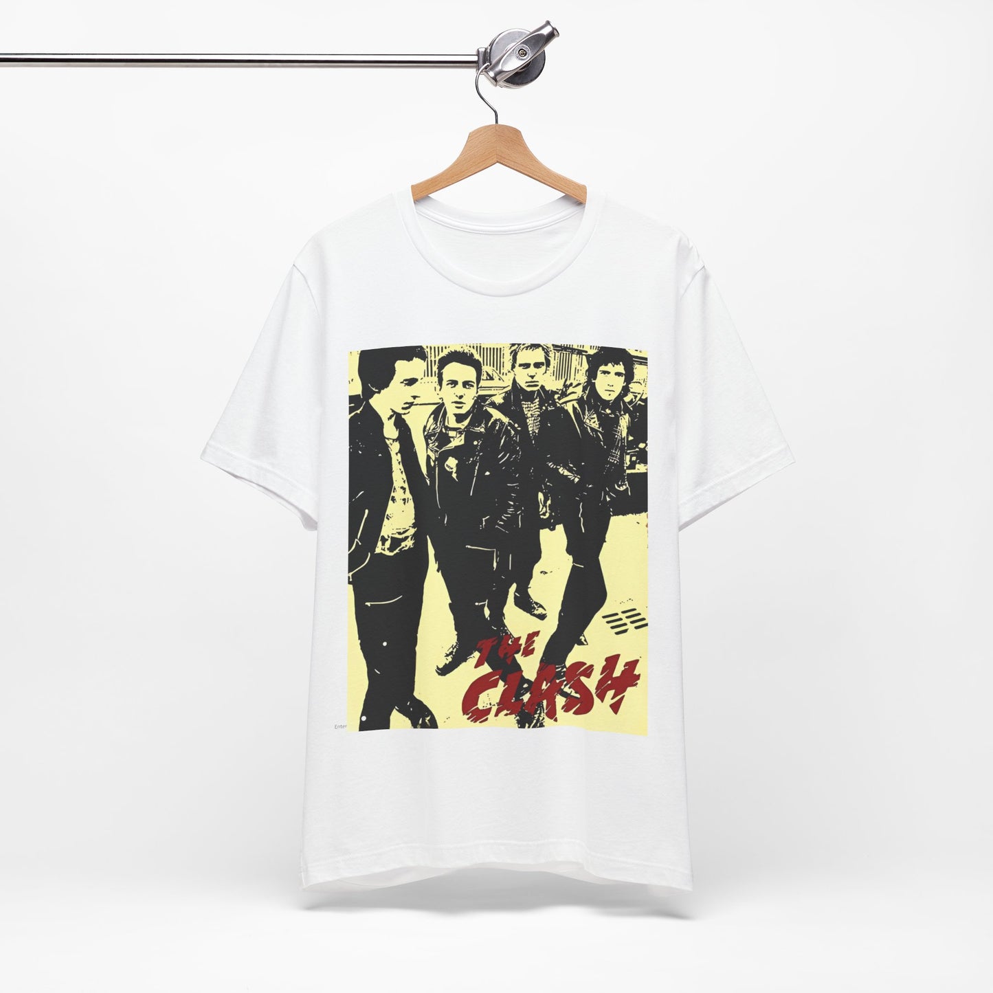A black graphic t-shirt featuring an anti-establishment rock band graphic of The Clash.