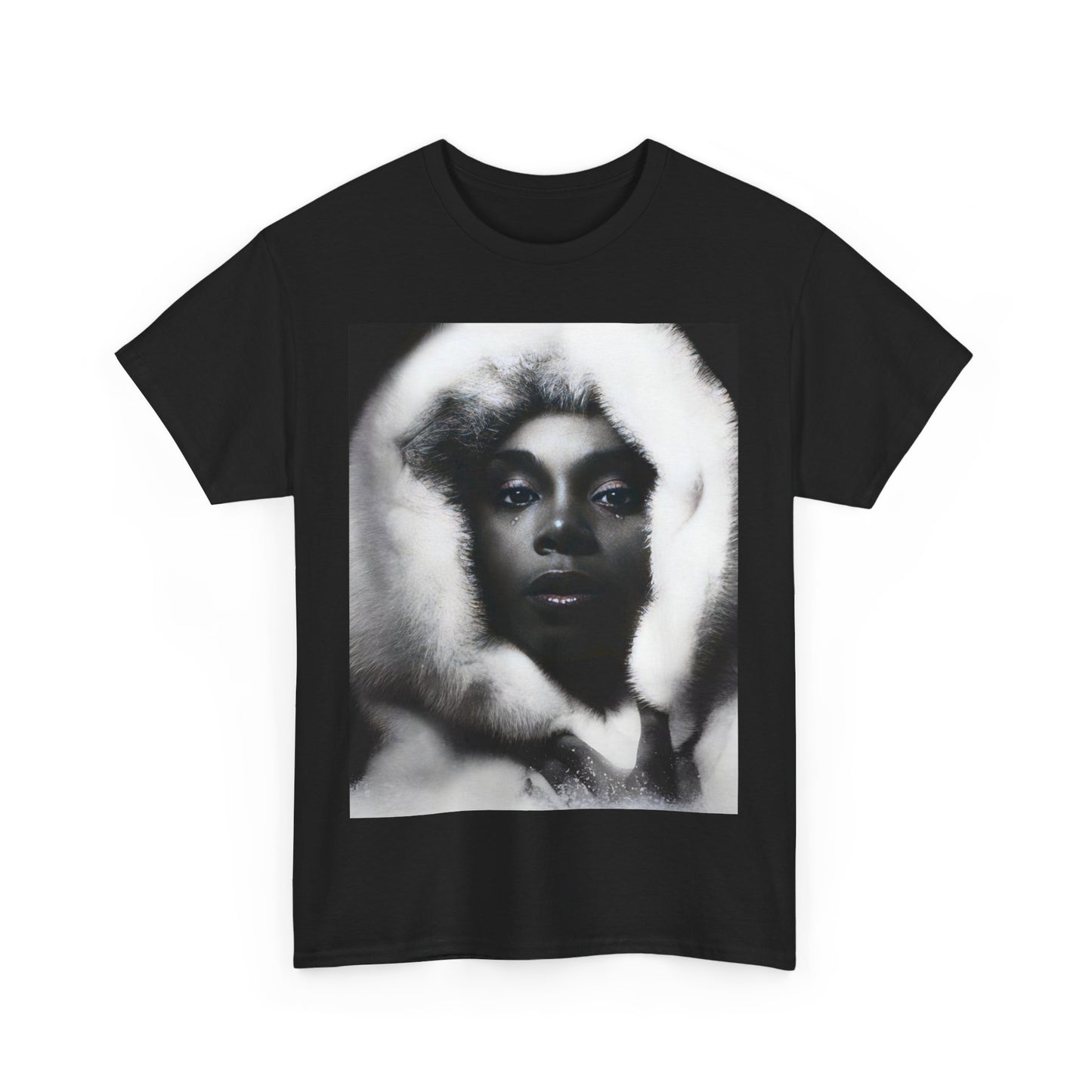 A black graphic t-shirt featuring a black and white, monochrome graphic or portrait of Donna Summer.