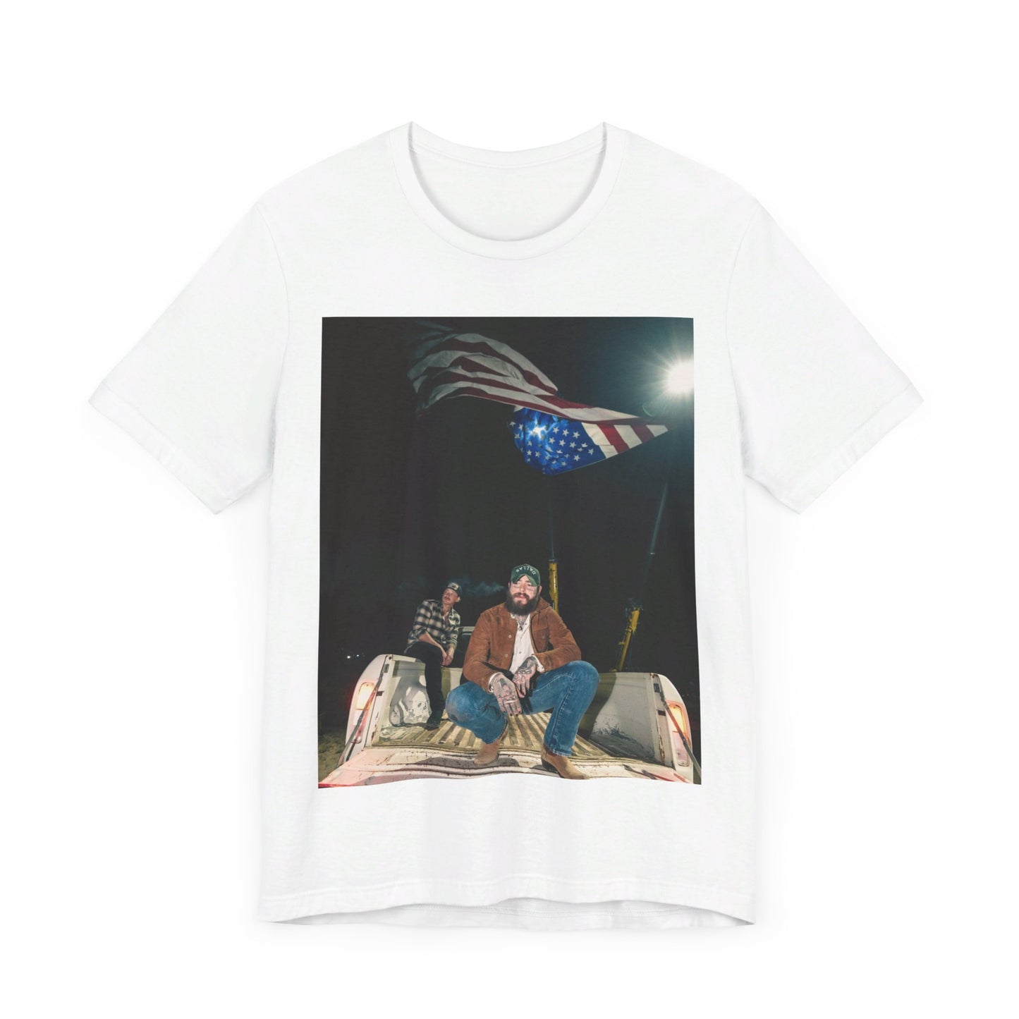 A black graphic t-shirt featuring an Americana-style graphic of Post Malone.