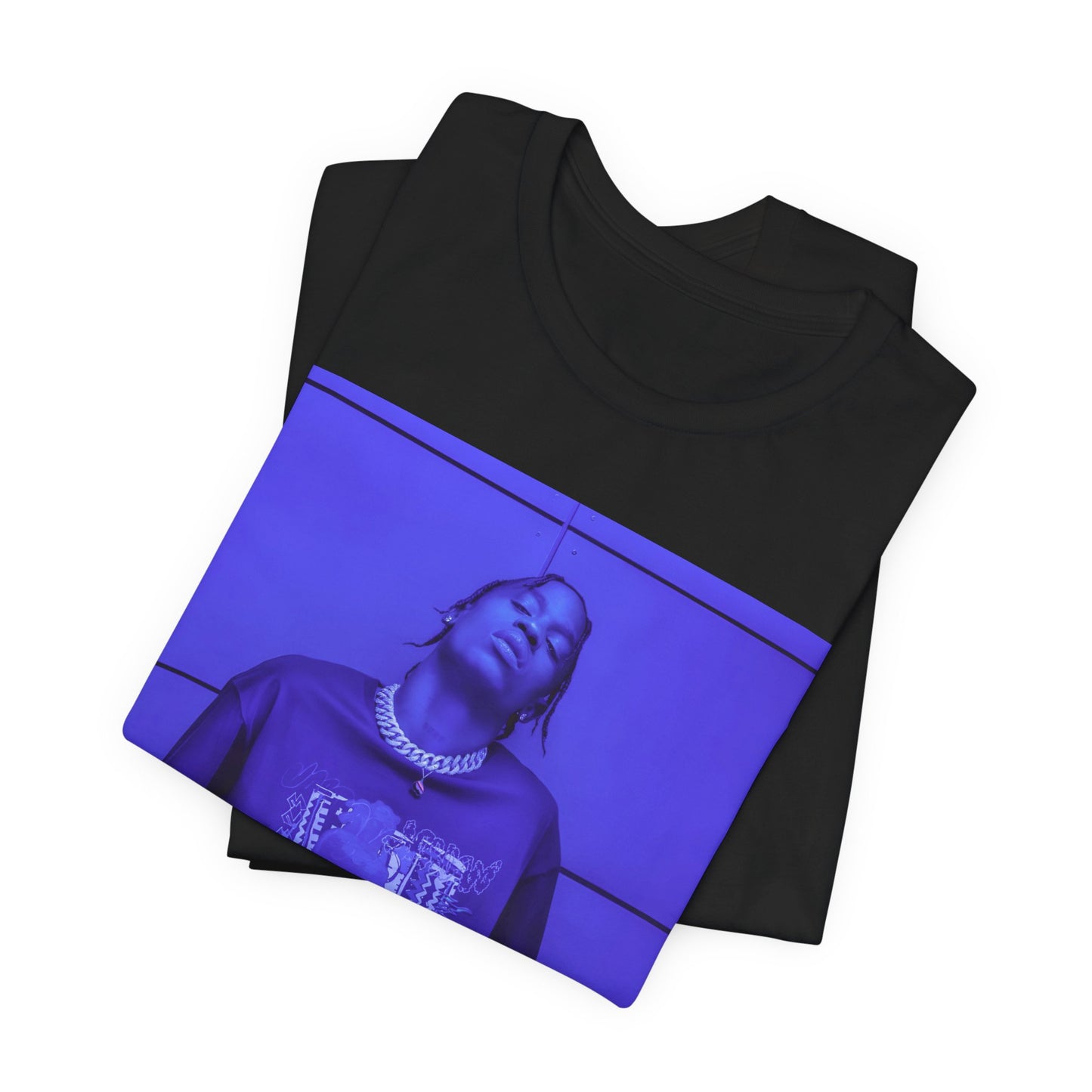 A black graphic t-shirt featuring a timeless trap star graphic of Travis Scott.