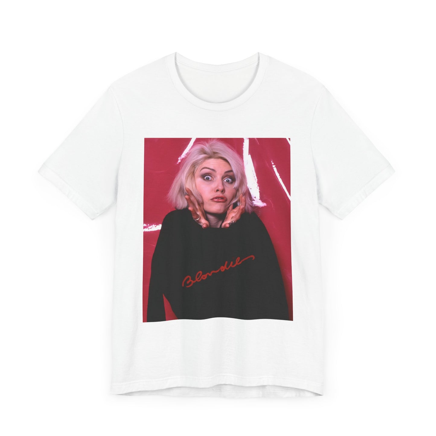 A black graphic t-shirt featuring a graphic related to Blondie's 'Atomic' song or era.