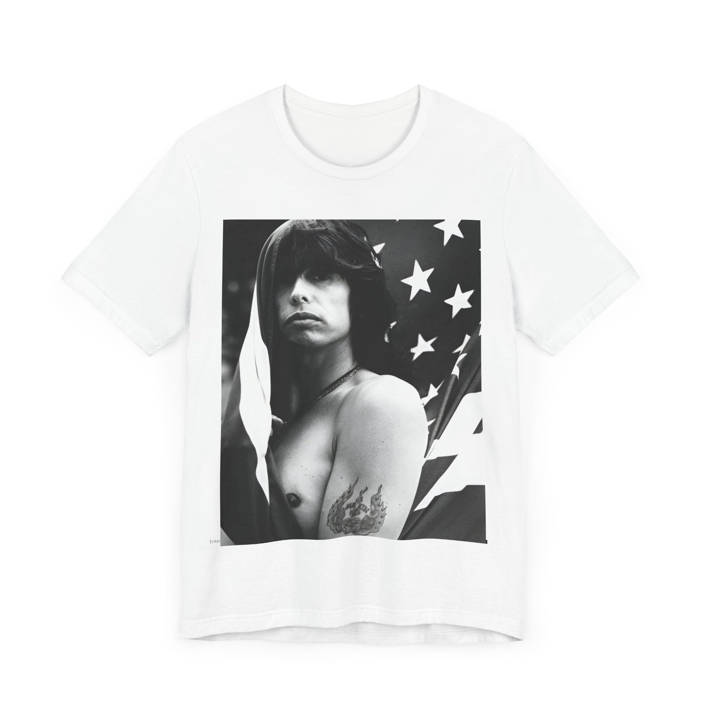 A black graphic t-shirt featuring a retro 70s-style illustration or photo of Aerosmith, integrated with elements of the American flag.