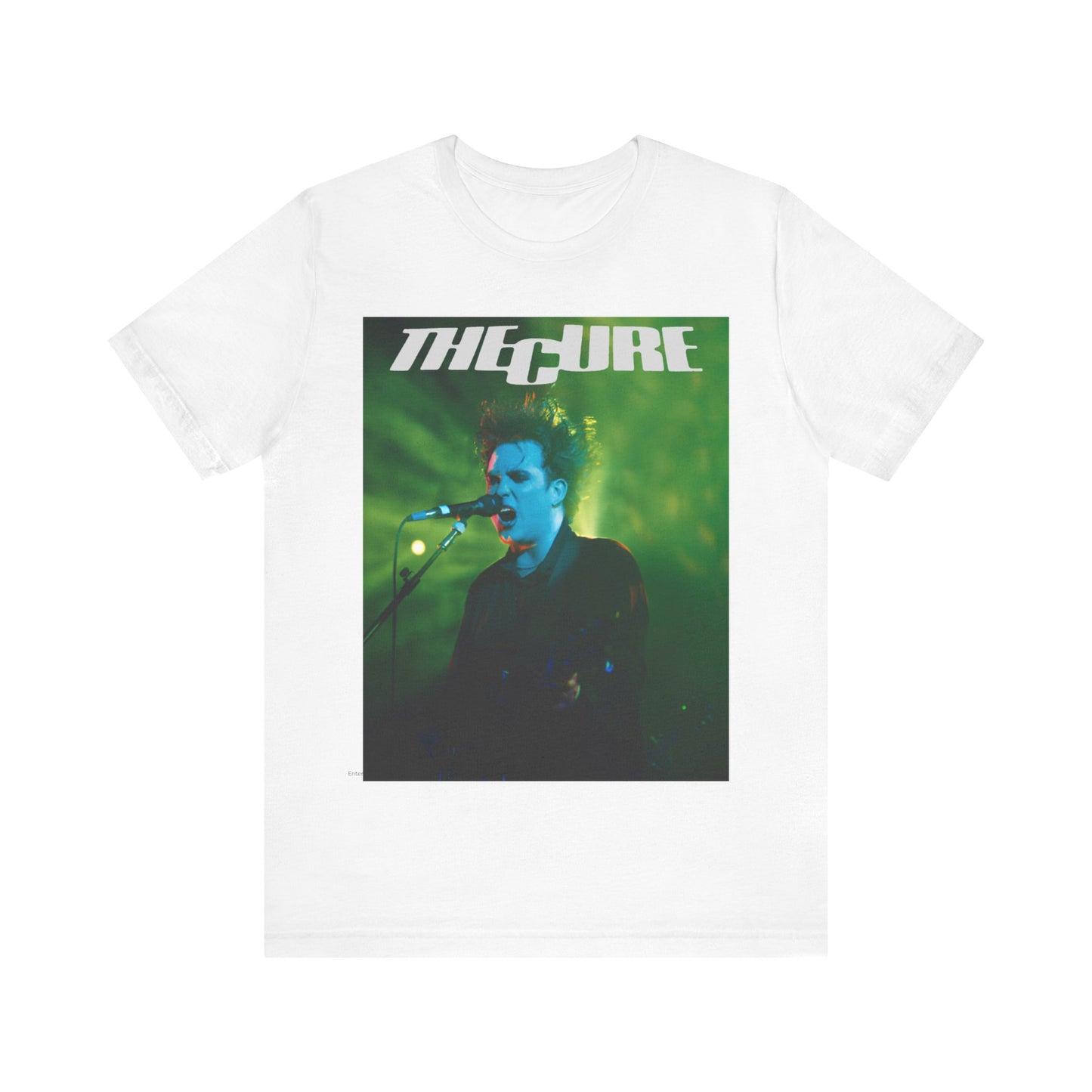A black graphic t-shirt featuring a graphic or photo of The Cure performing live on stage.