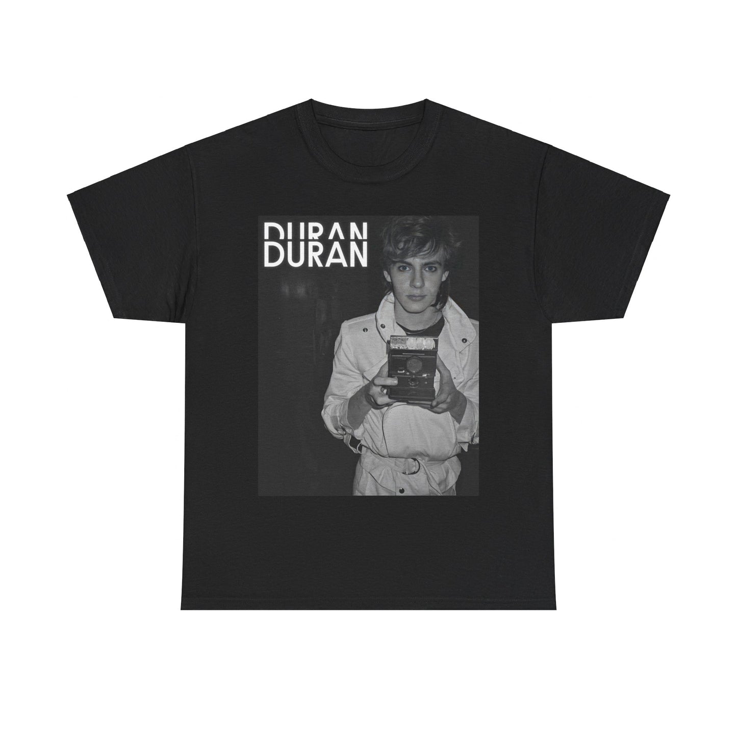 A black graphic t-shirt featuring an 80s black and white Polaroid-style photo of Duran Duran.
