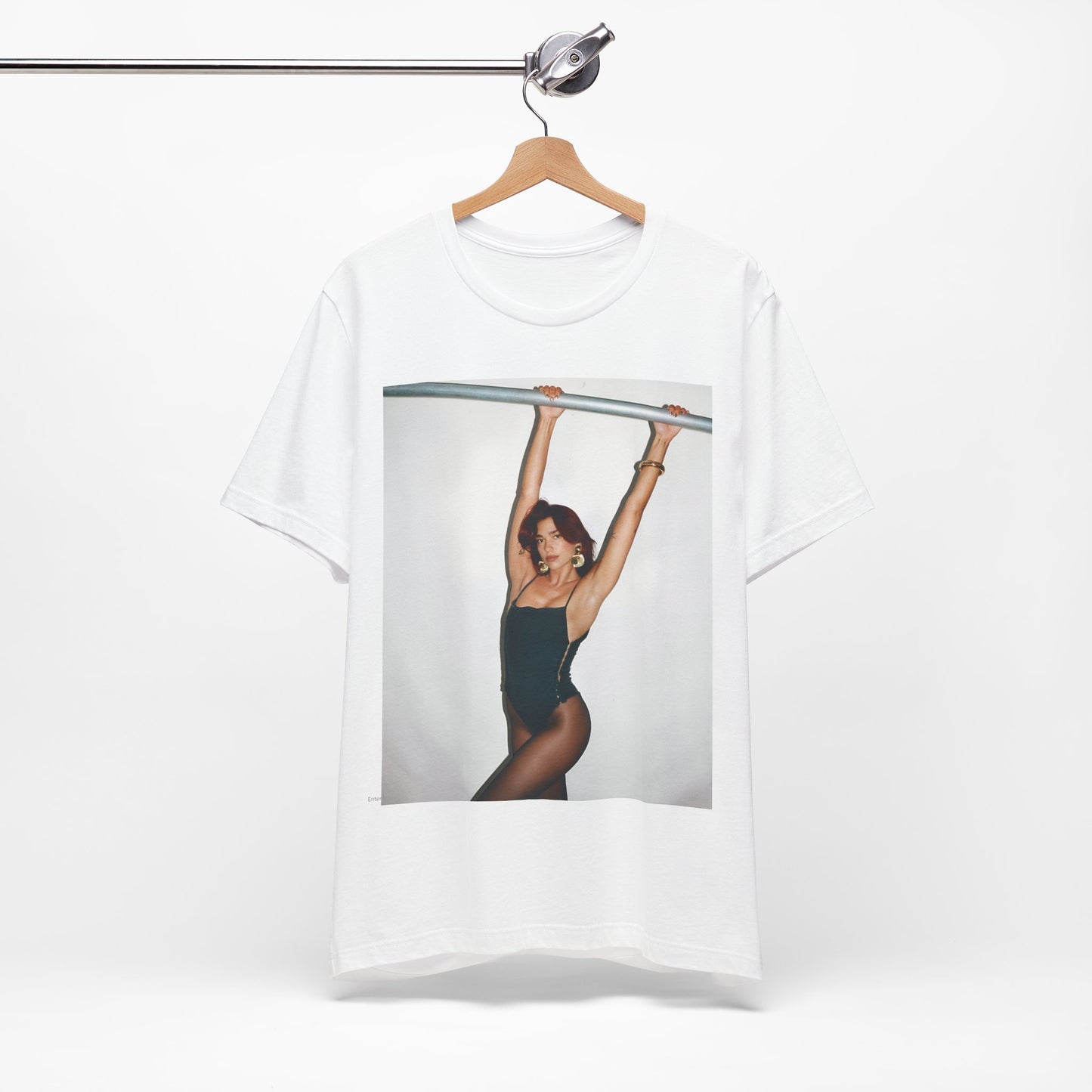 A black graphic t-shirt featuring a graphic related to Dua Lipa's "Levitating" song or era.