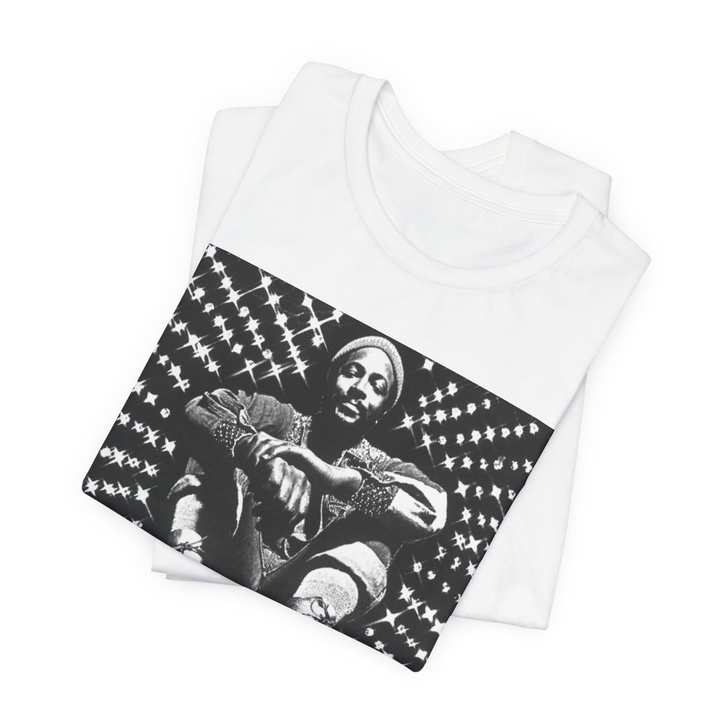 A black graphic t-shirt featuring a black and white vintage soul icon graphic of Marvin Gaye.