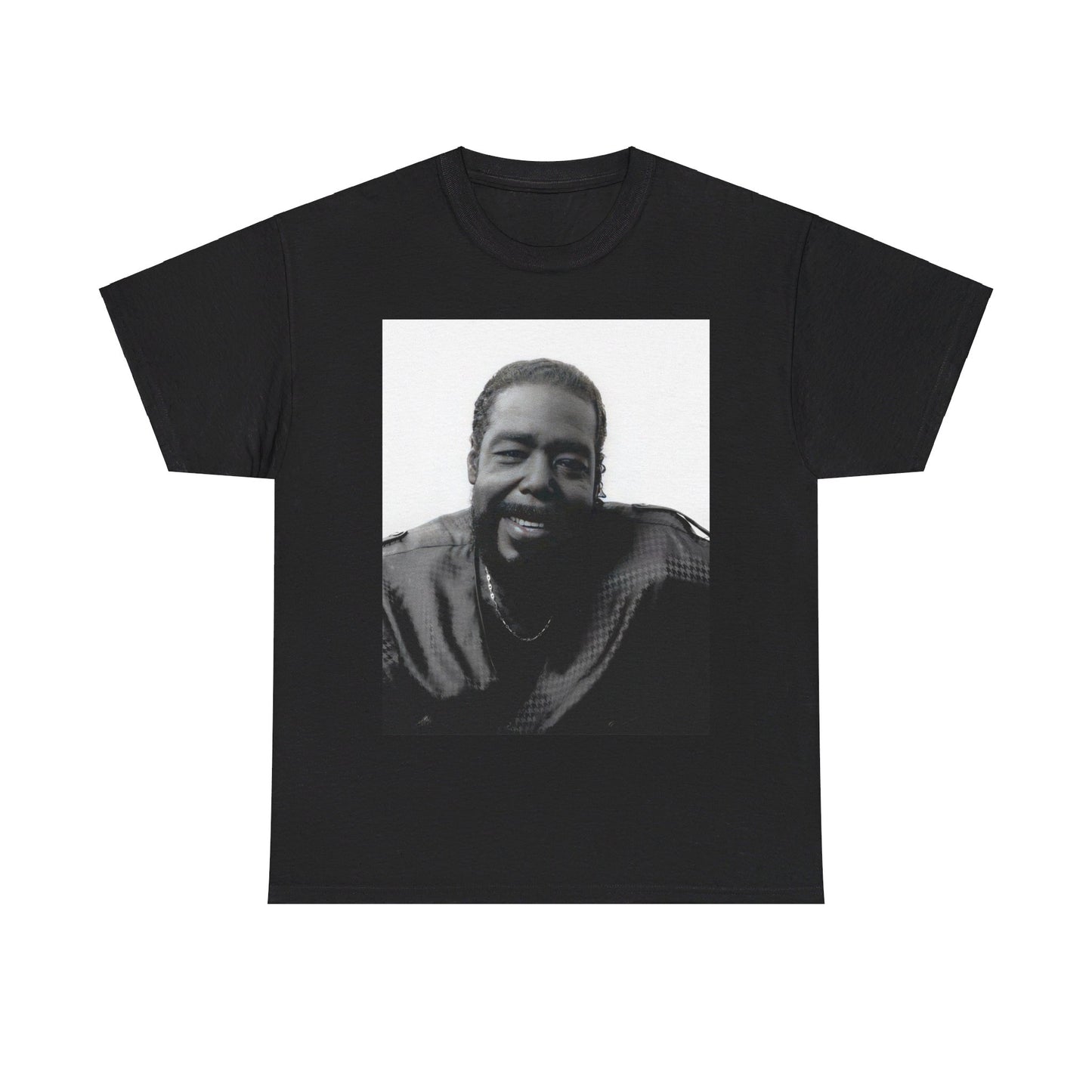 A black graphic t-shirt featuring a black and white photo of Barry White with his iconic smile.