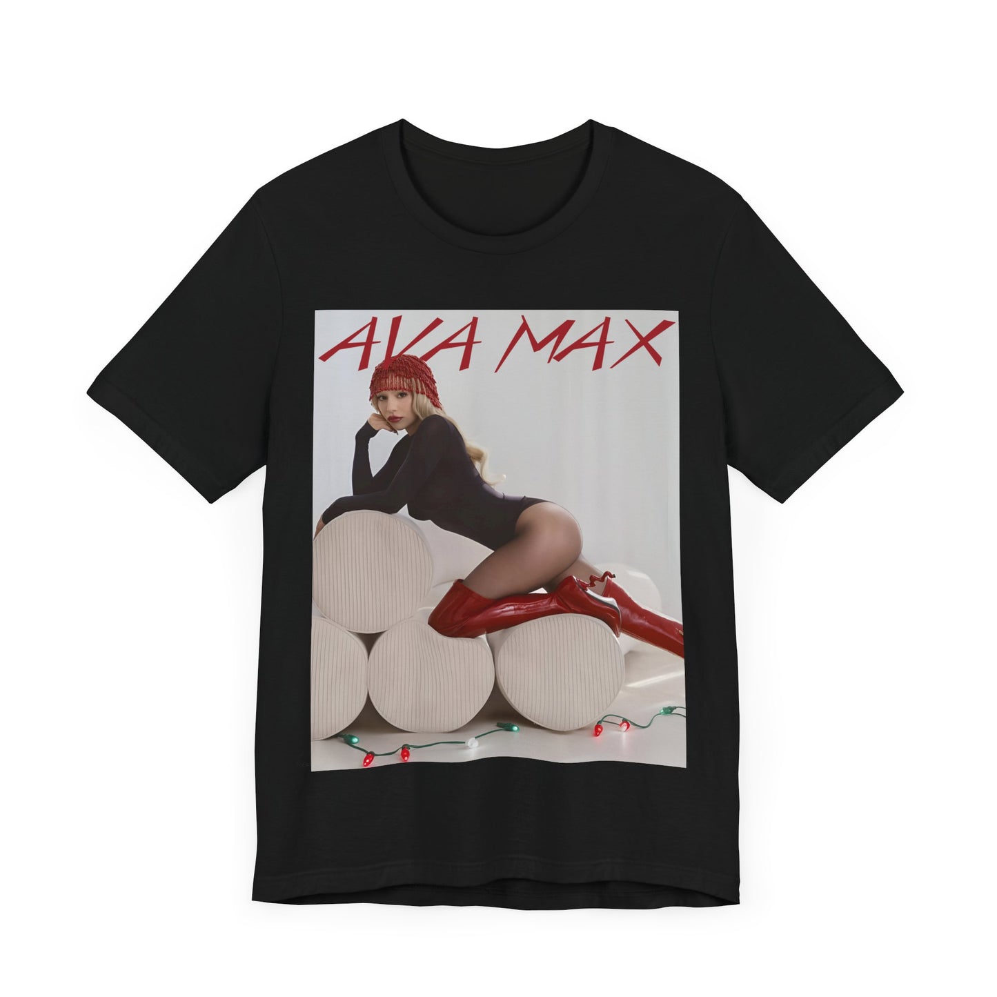 A black graphic t-shirt featuring an artistic or aesthetic graphic of Ava Max.