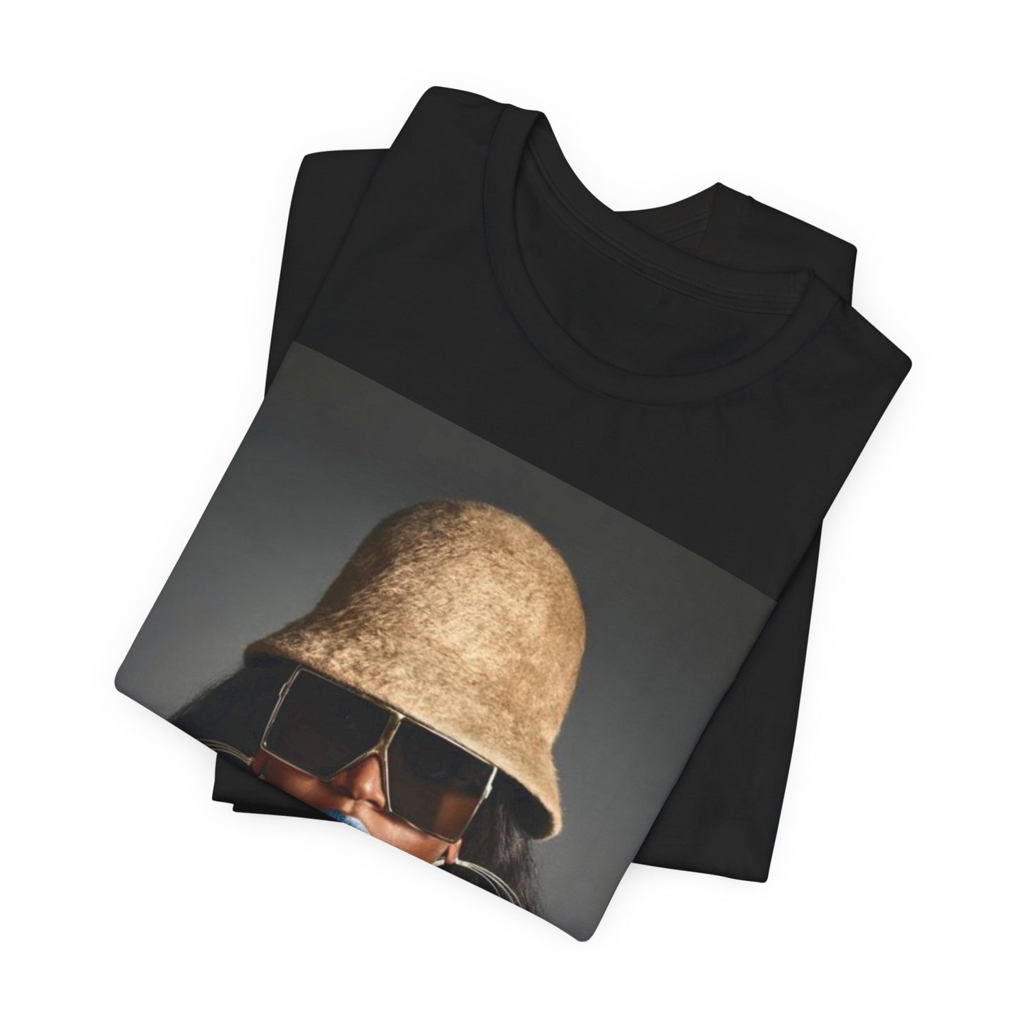 A black graphic t-shirt featuring a vintage hip hop icon graphic of Missy Elliott.
