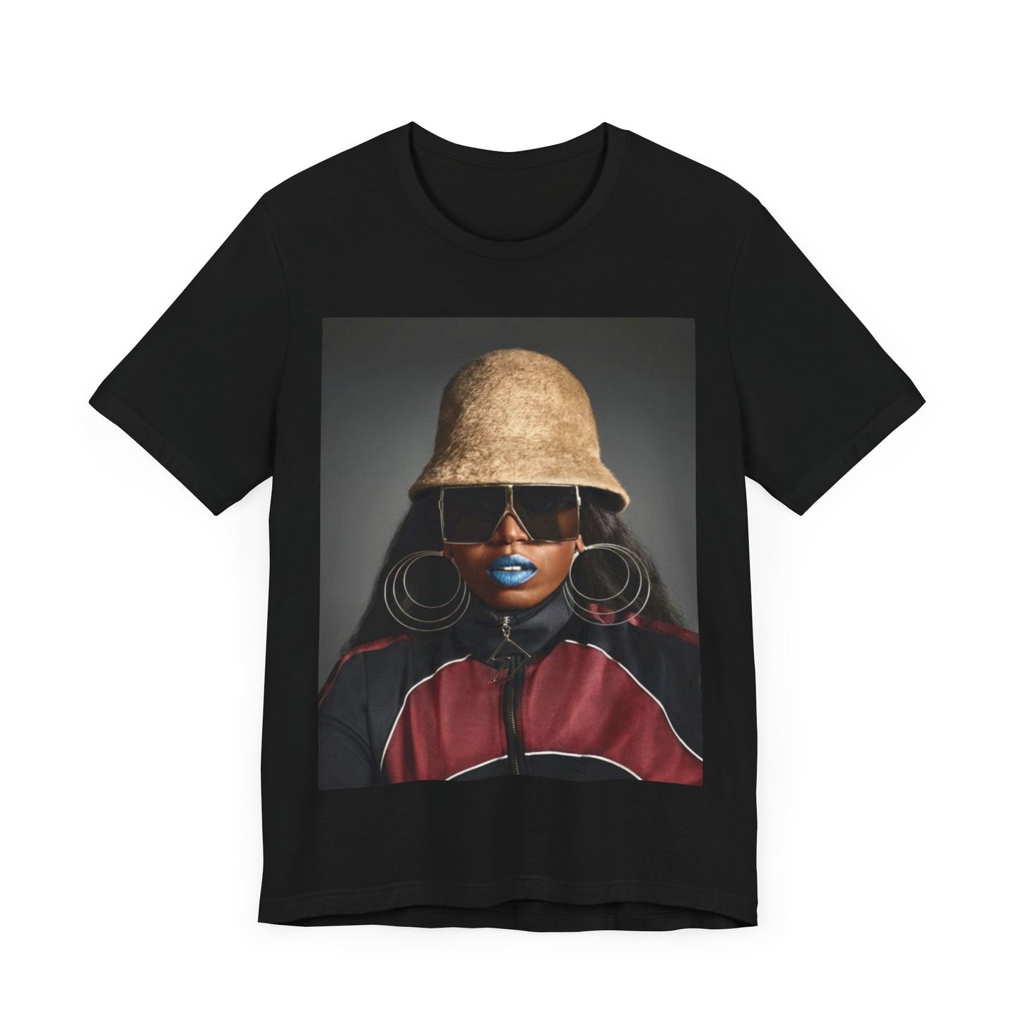 A black graphic t-shirt featuring a vintage hip hop icon graphic of Missy Elliott.