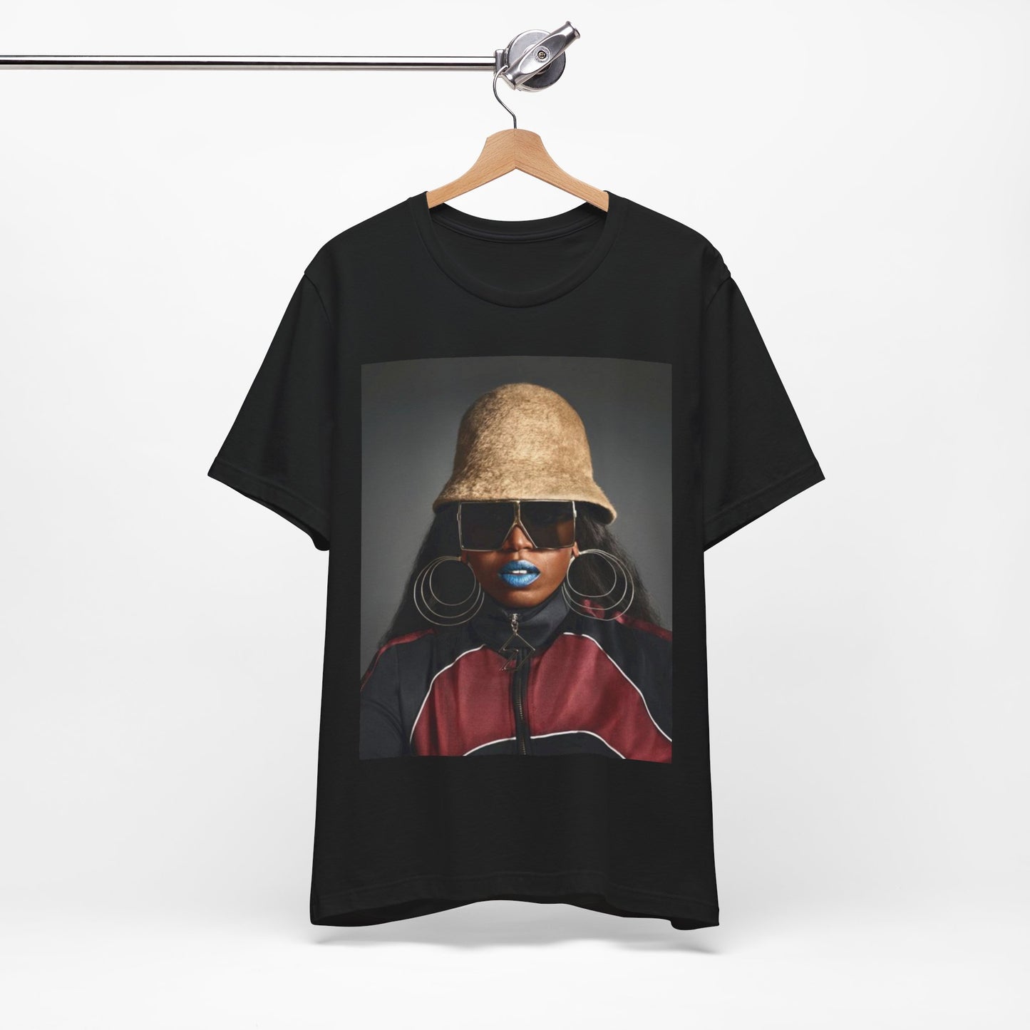 A black graphic t-shirt featuring a vintage hip hop icon graphic of Missy Elliott.