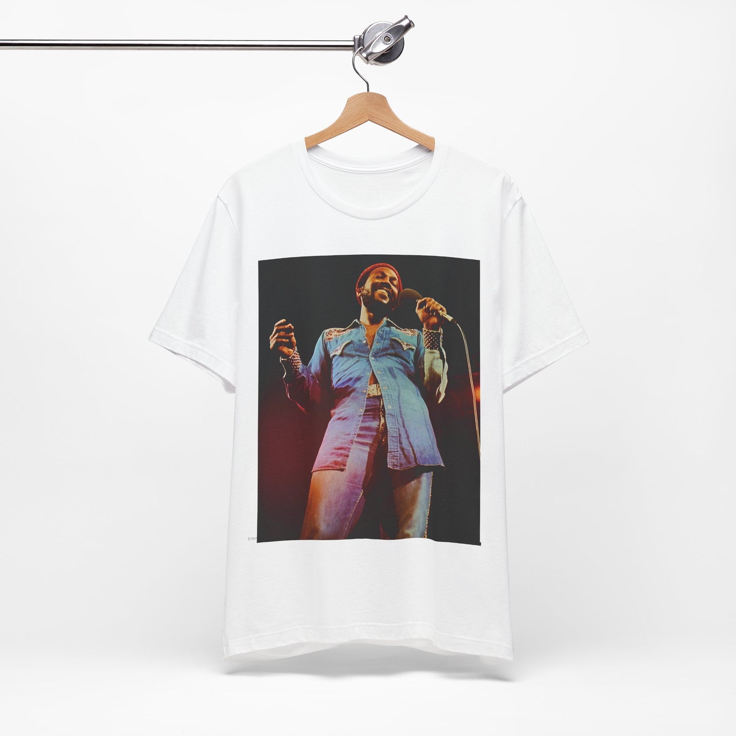 A black graphic t-shirt featuring a graphic of Marvin Gaye with groovy funk vibes.