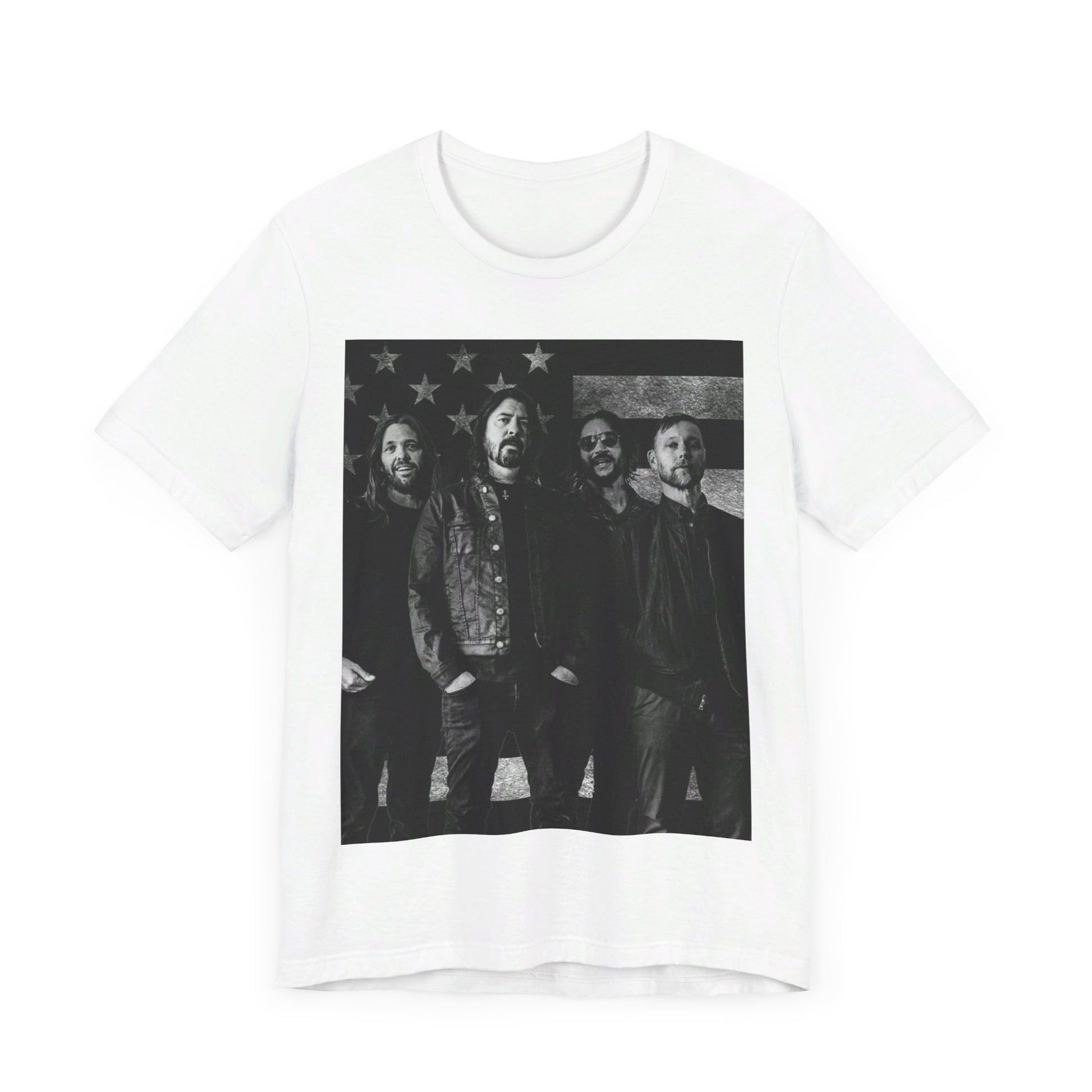 A black graphic t-shirt featuring a graphic of Foo Fighters integrated with elements of the American flag.