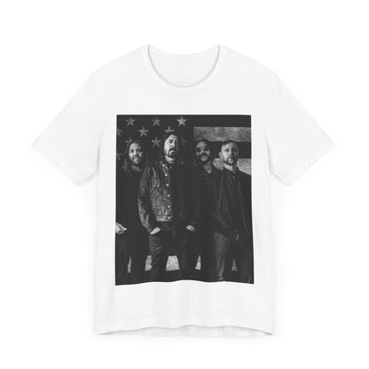 A black graphic t-shirt featuring a graphic of Foo Fighters integrated with elements of the American flag.