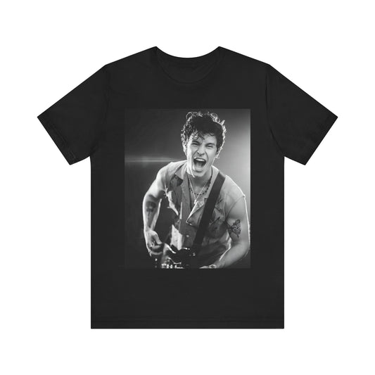 A black graphic t-shirt featuring a black and white photo of Shawn Mendes, emphasizing his charm.