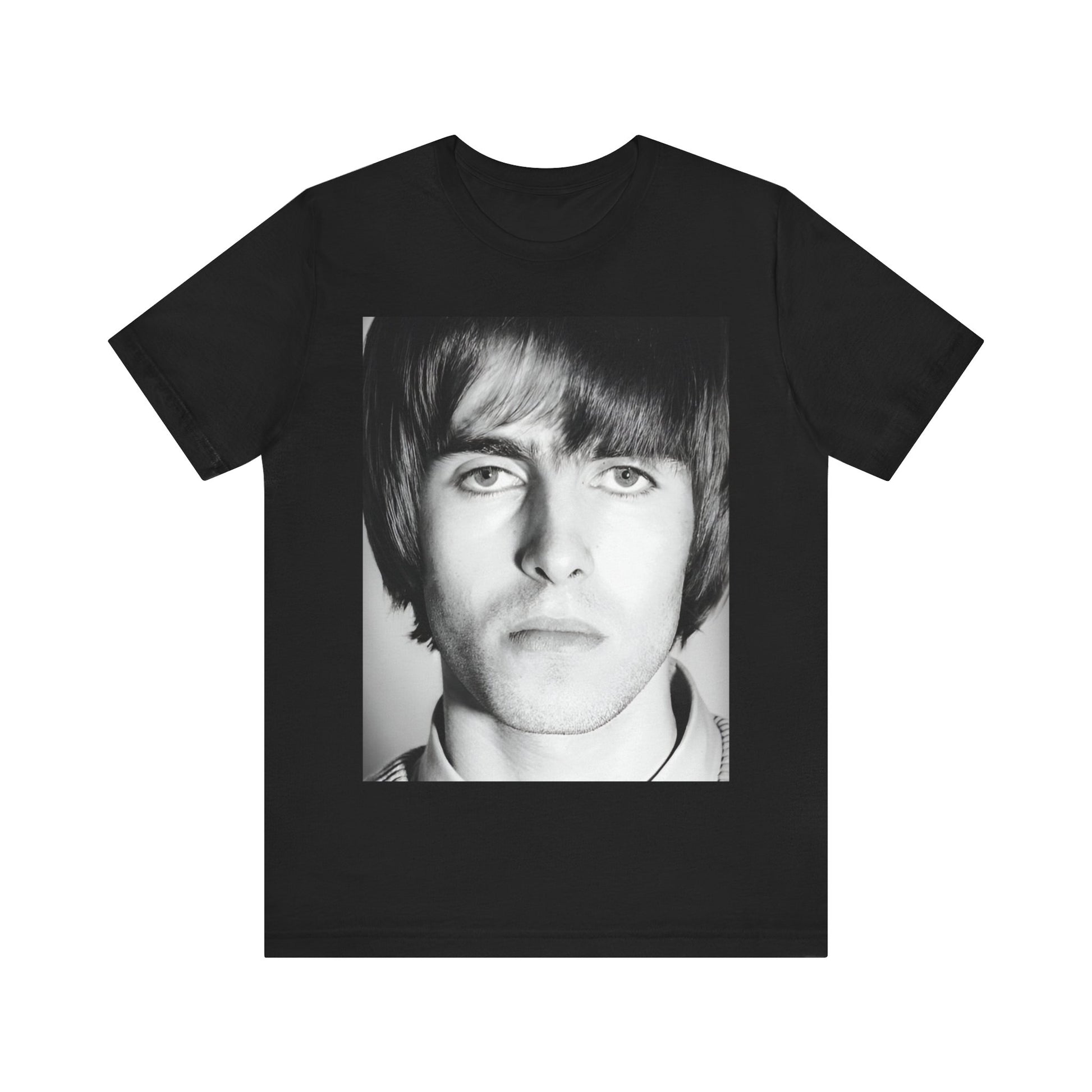 A black graphic t-shirt featuring a 90s portrait photo of Liam Gallagher from Oasis.