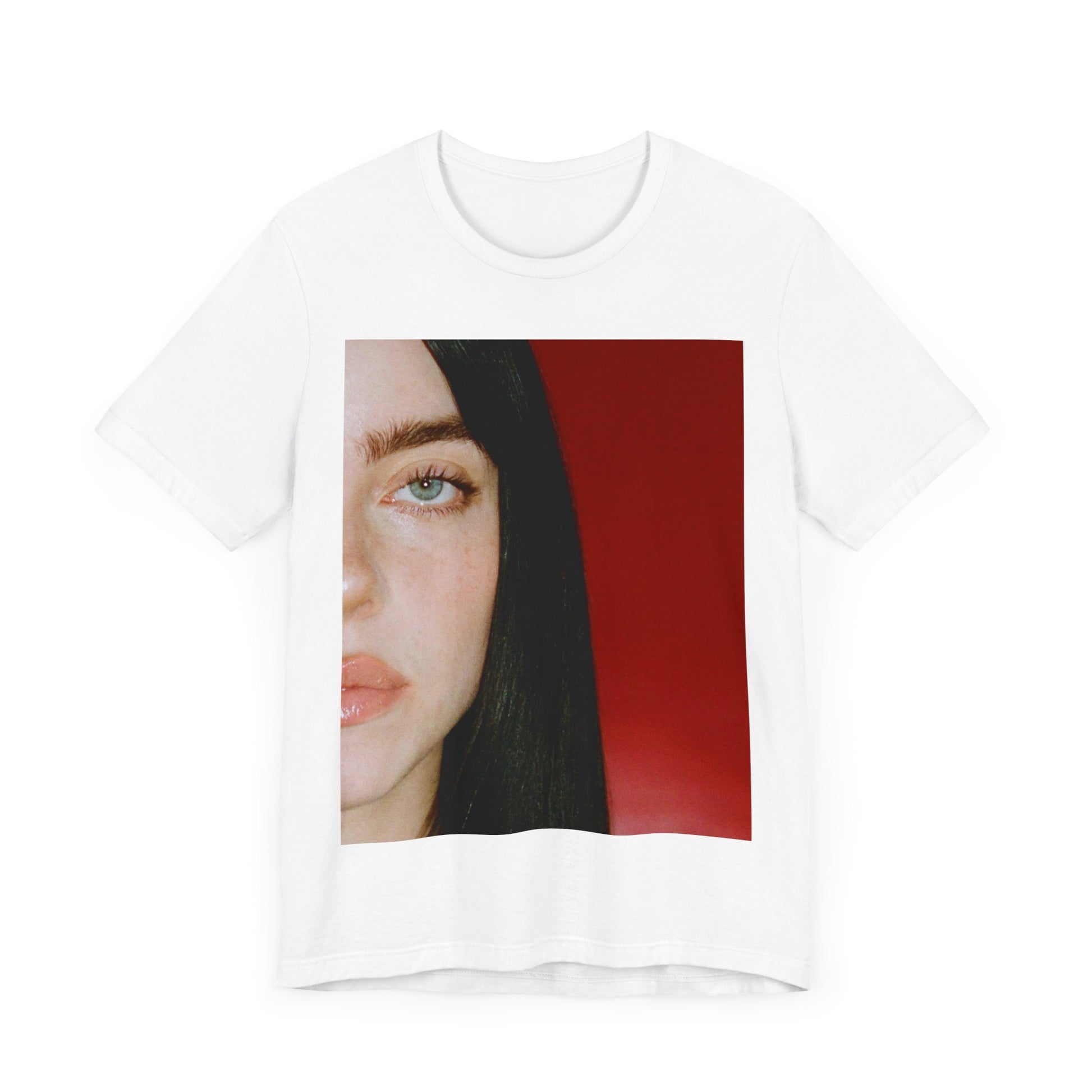 A classic, direct, black and white portrait of Billie Eilish, embodying a timeless aesthetic, printed on a graphic t-shirt.