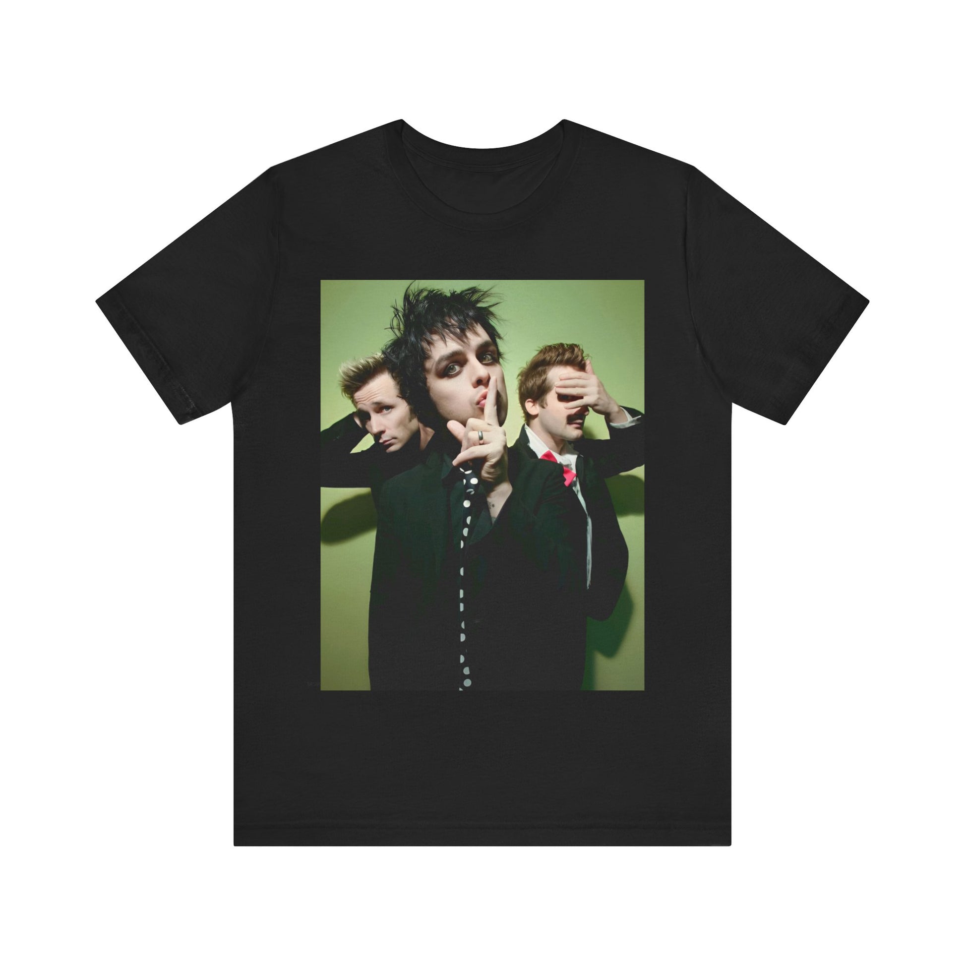 A black graphic t-shirt featuring a classic 90s pop-punk aesthetic graphic of Green Day.