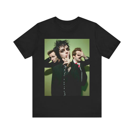 A black graphic t-shirt featuring a classic 90s pop-punk aesthetic graphic of Green Day.