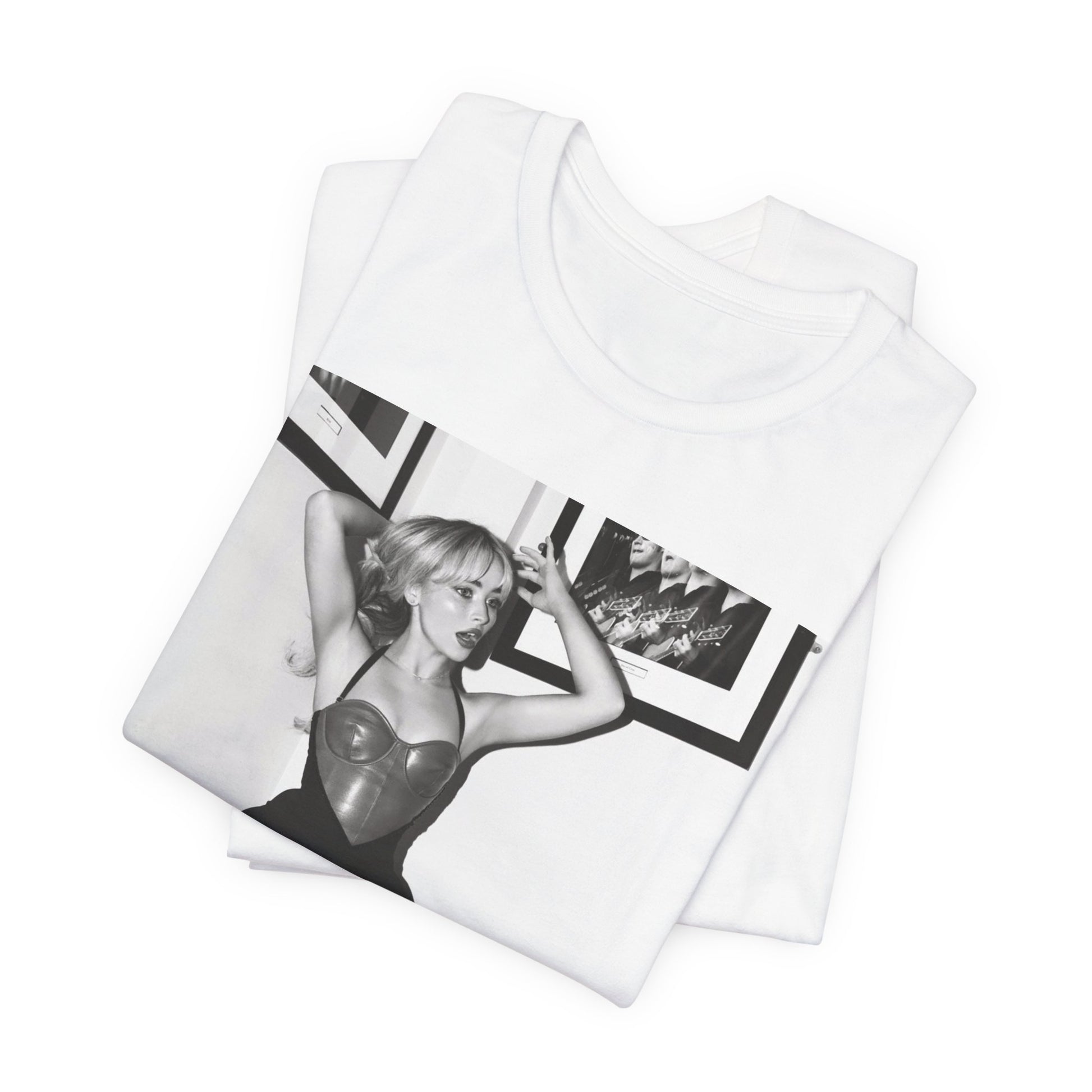 A black graphic t-shirt featuring a black and white graphic of Sabrina Carpenter as a pop princess.