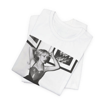 A black graphic t-shirt featuring a black and white graphic of Sabrina Carpenter as a pop princess.