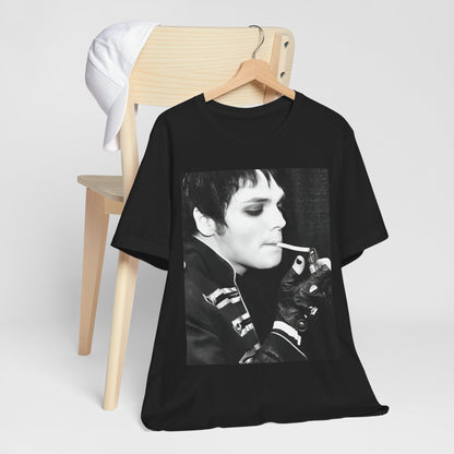 A black graphic t-shirt featuring a black and white graphic or photo of My Chemical Romance in a backstage setting.