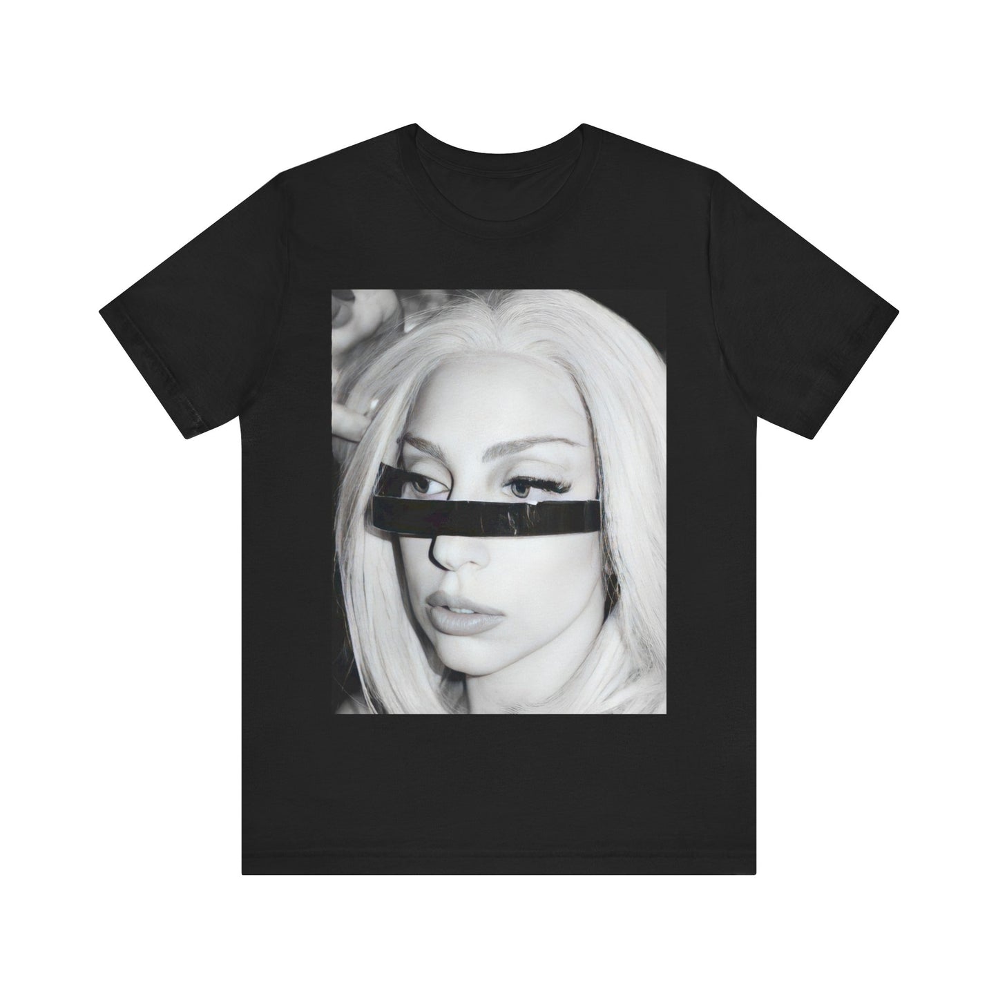 A black graphic t-shirt featuring a black and white graphic or photo of Lady Gaga in a backstage setting.