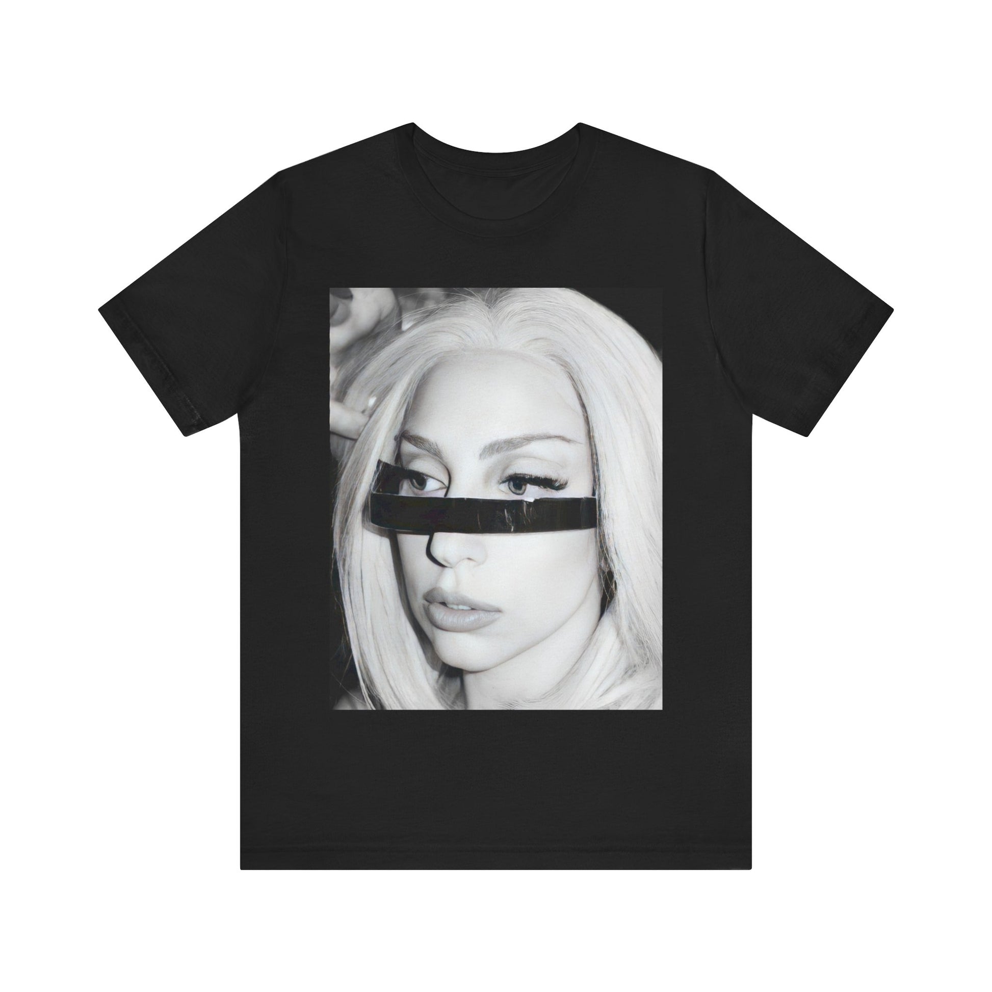 A black graphic t-shirt featuring a black and white graphic or photo of Lady Gaga in a backstage setting.