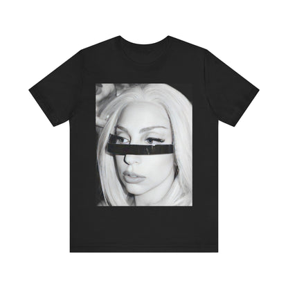 A black graphic t-shirt featuring a black and white graphic or photo of Lady Gaga in a backstage setting.