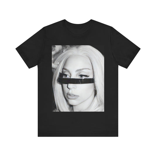 A black graphic t-shirt featuring a black and white graphic or photo of Lady Gaga in a backstage setting.