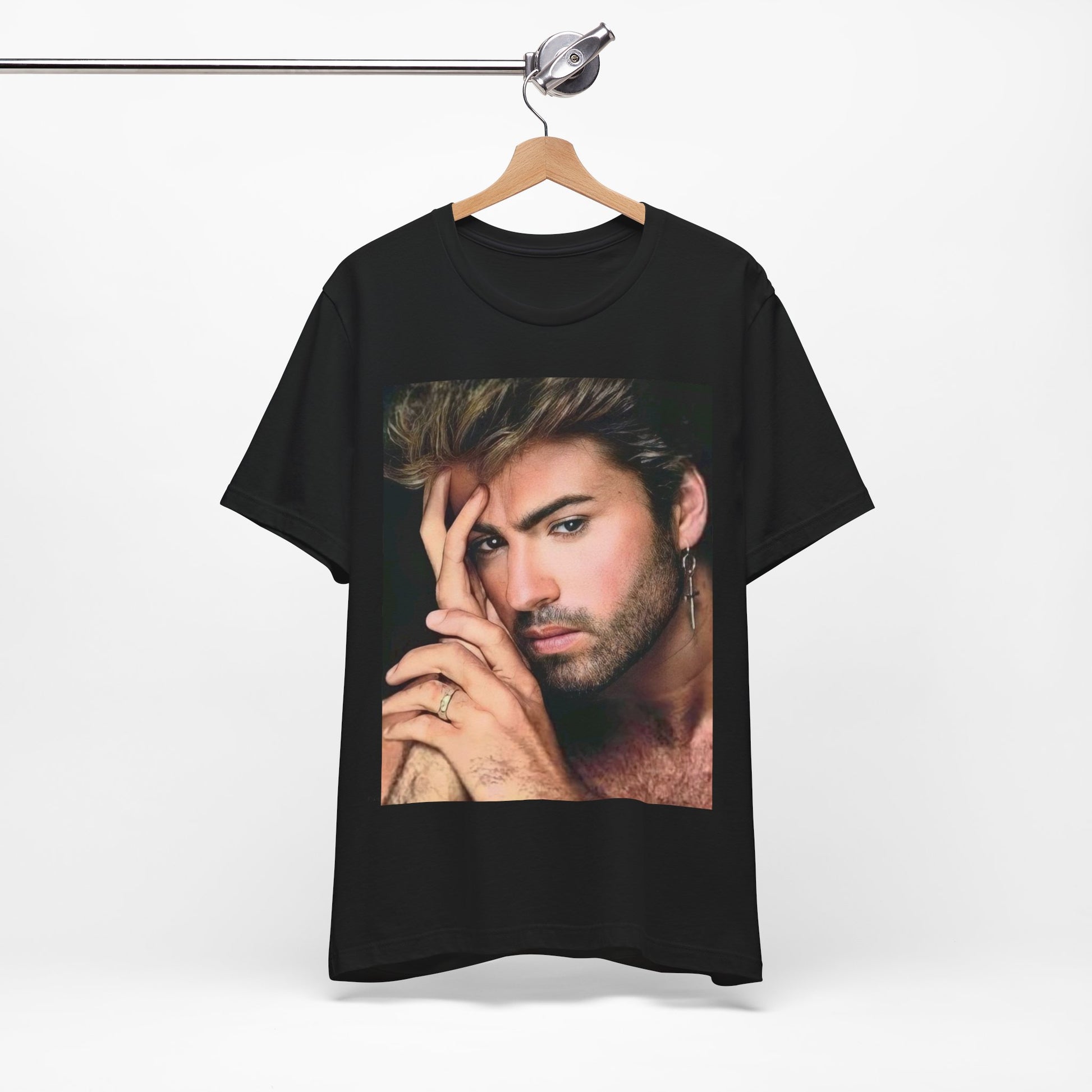 A black graphic t-shirt featuring a graphic of George Michael with a feel-good 80s vibe.