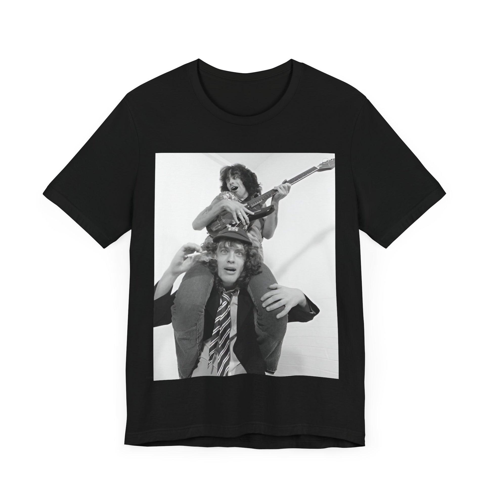 A black graphic t-shirt featuring a split image of AC/DC's Bon Scott and Angus Young, representing the band's iconic duo.