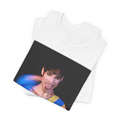 A black graphic t-shirt featuring a graphic related to Prince's 'When Doves Cry' song or era.