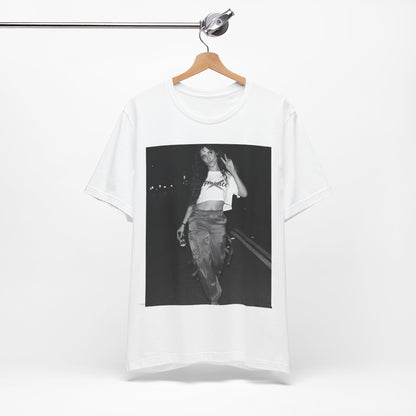 A black graphic t-shirt featuring a photo of Camila Cabello from her "Romance" album era.