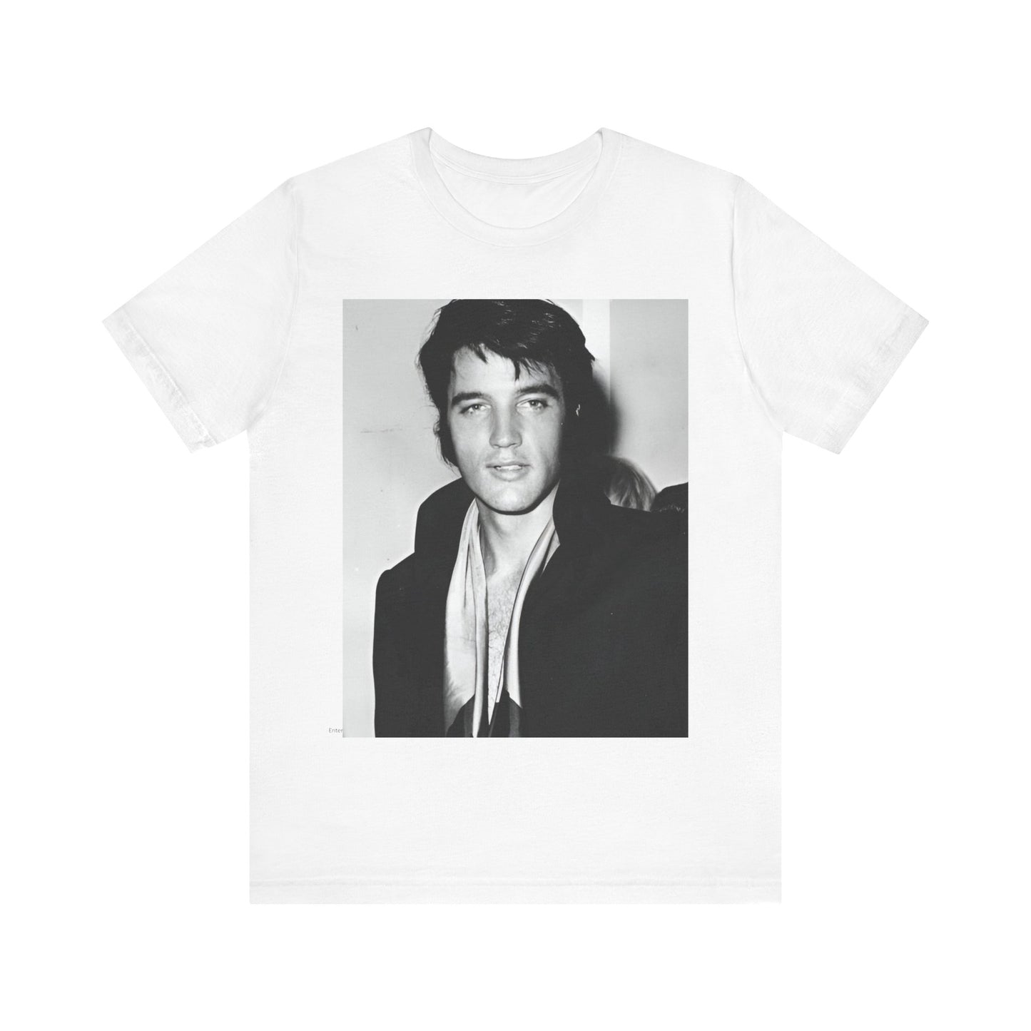 A black graphic t-shirt featuring a black and white rock and roll portrait photo of Elvis Presley.