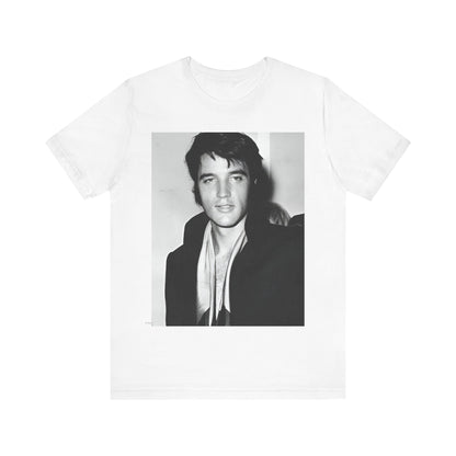 A black graphic t-shirt featuring a black and white rock and roll portrait photo of Elvis Presley.