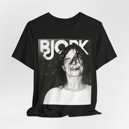 A black graphic t-shirt featuring a dark, artistic graphic of Bjork, possibly with a mysterious or otherworldly feel.