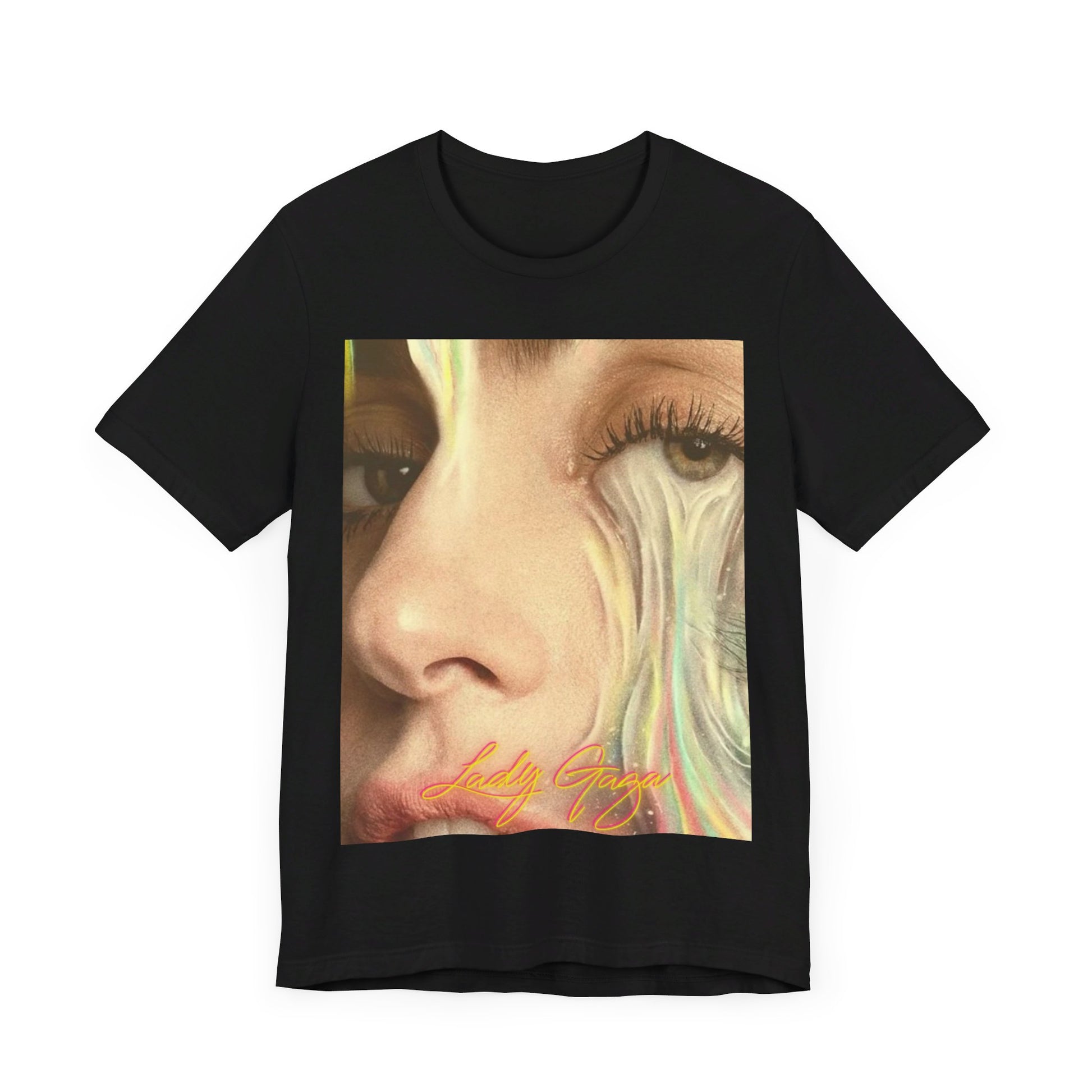 A black graphic t-shirt featuring an artistic or aesthetic graphic of Lady Gaga.