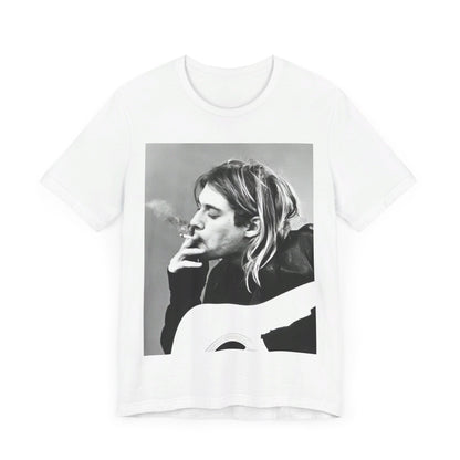 A black graphic t-shirt featuring a vintage photo of a Nirvana member with a cigarette.