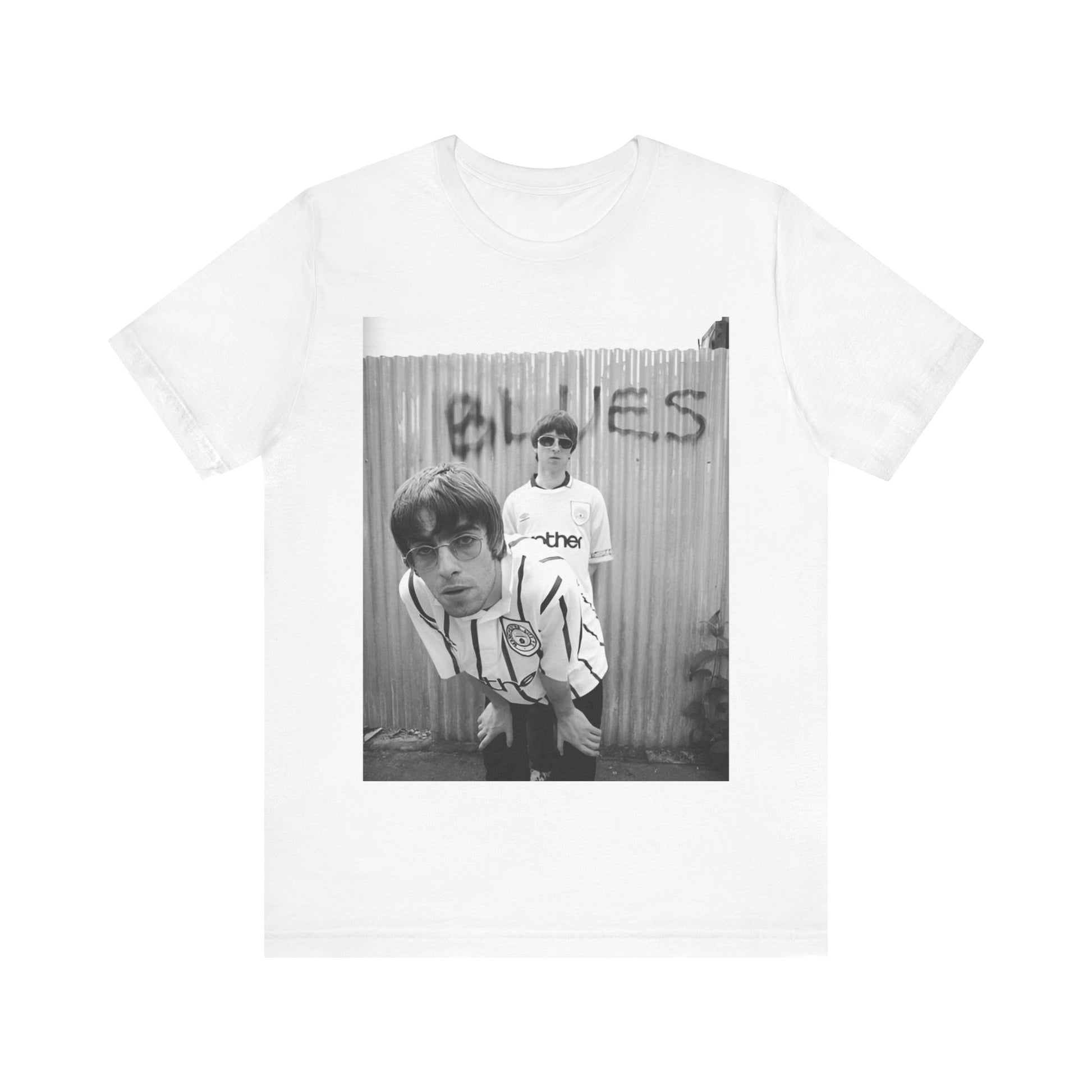 A black graphic t-shirt featuring a graphic of Liam and Noel Gallagher from Oasis, showing their support for Manchester City.