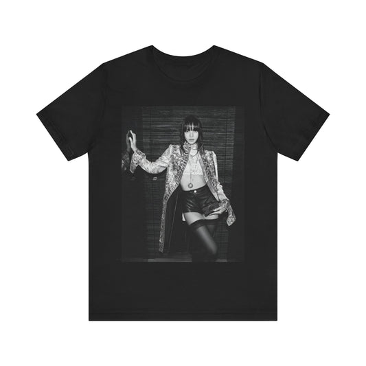 A black graphic t-shirt featuring a black and white, monochrome graphic or photo of Lisa.