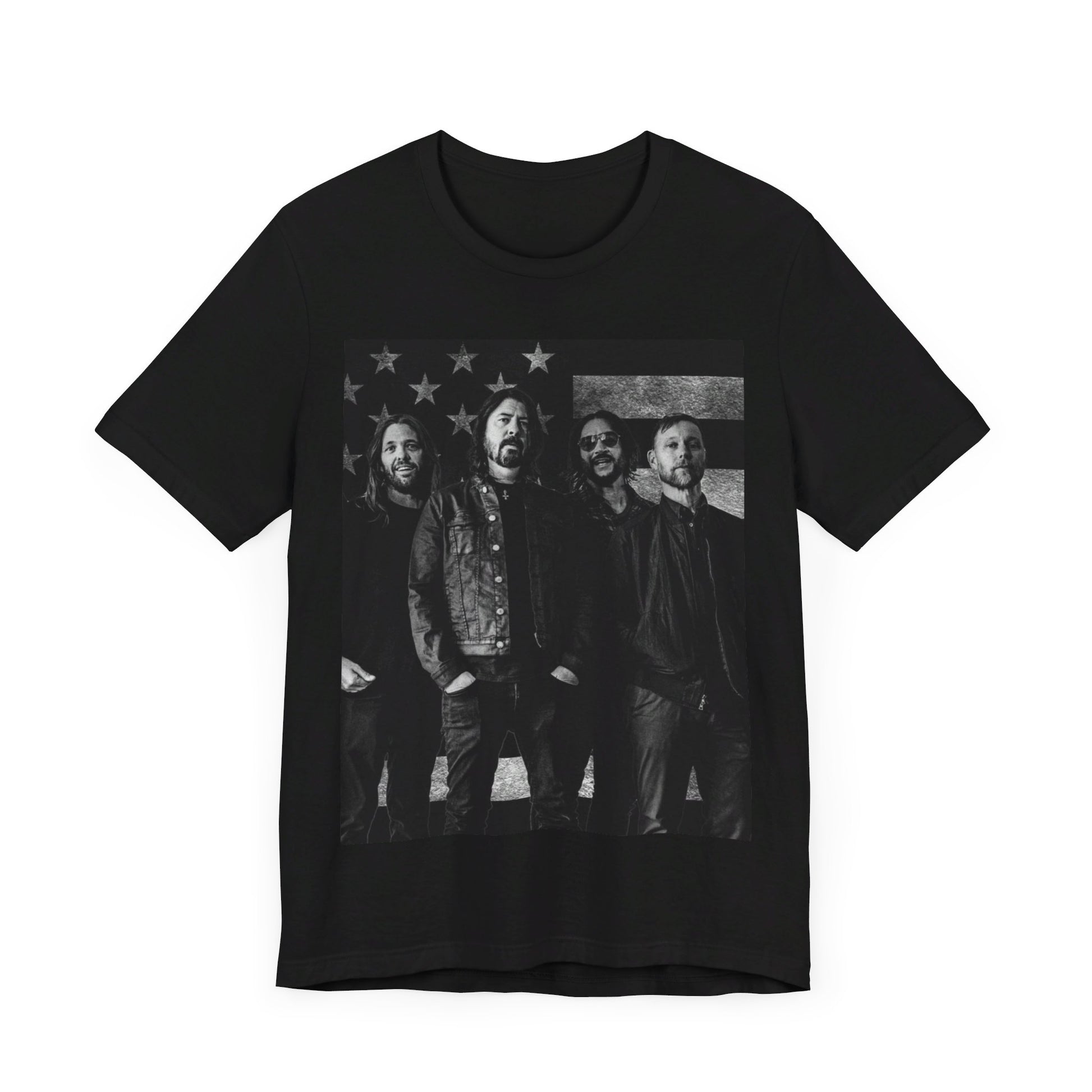 A black graphic t-shirt featuring a graphic of Foo Fighters integrated with elements of the American flag.