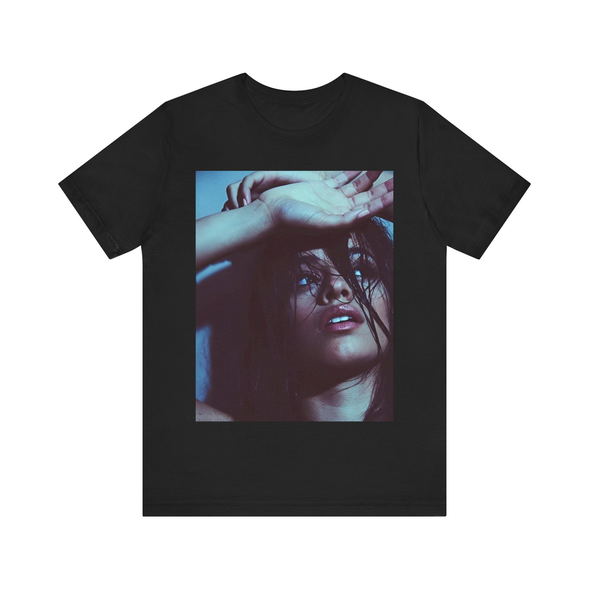 A black graphic t-shirt featuring a graphic related to Camila Cabello's "Señorita" song, possibly with dance-inspired elements.