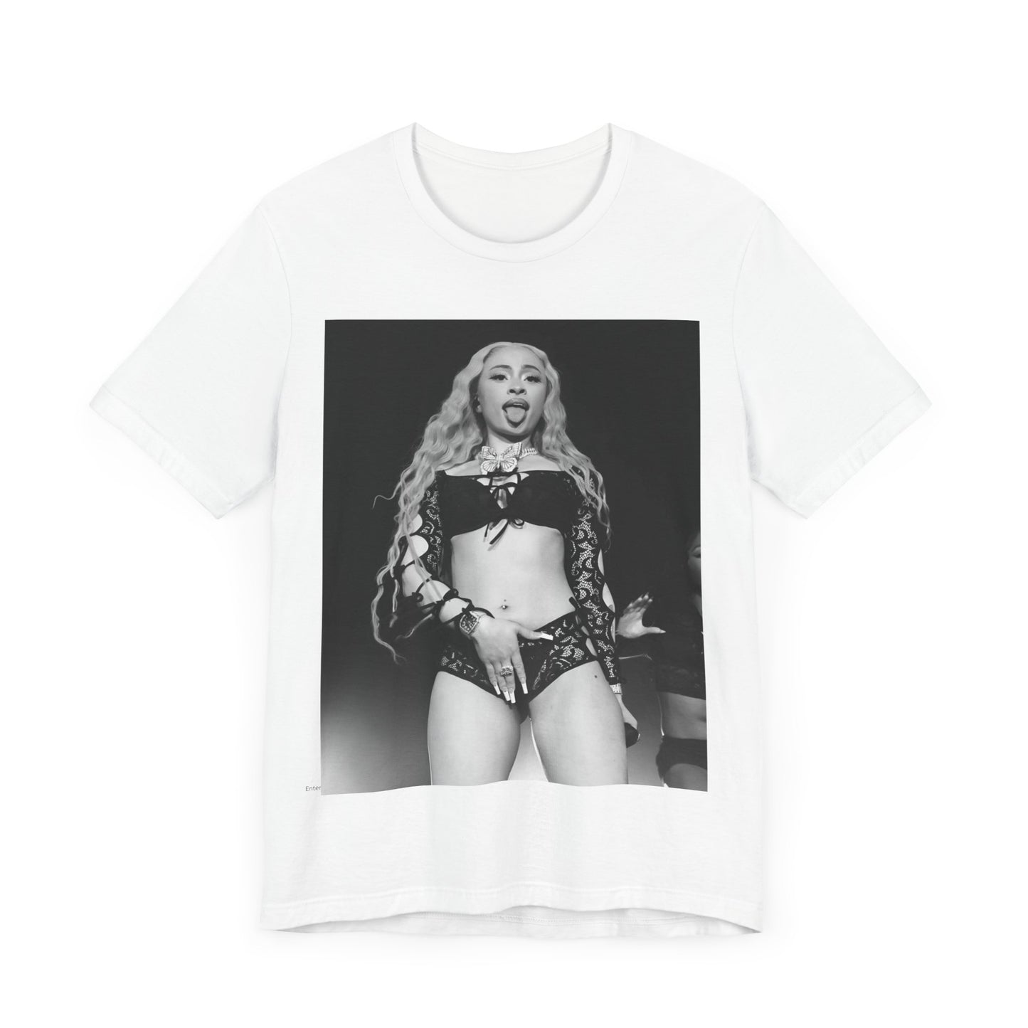 A black graphic t-shirt featuring a black and white graphic related to Ice Spice's song 'Deli', with a 'rap baddie' aesthetic.