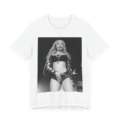 A black graphic t-shirt featuring a black and white graphic related to Ice Spice's song 'Deli', with a 'rap baddie' aesthetic.