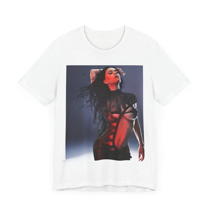 A black graphic t-shirt featuring a dreamy pop fantasy graphic of Katy Perry.