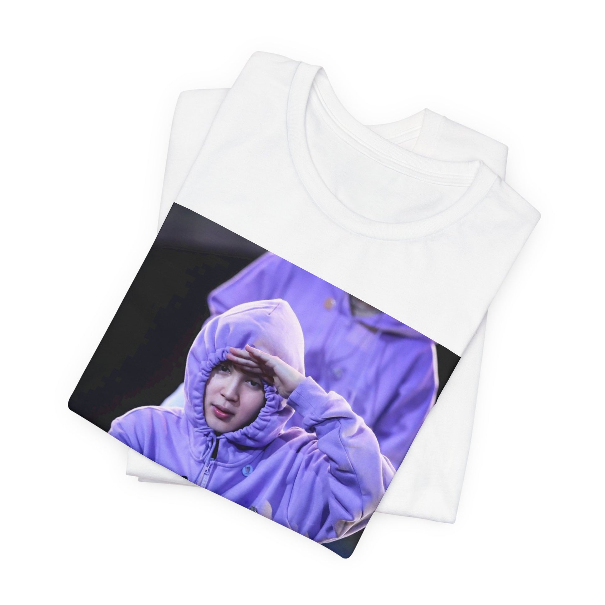 A black graphic t-shirt featuring an authentic live performance graphic of Jimin.