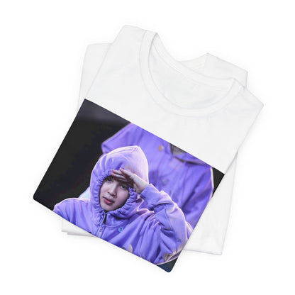A black graphic t-shirt featuring an authentic live performance graphic of Jimin.