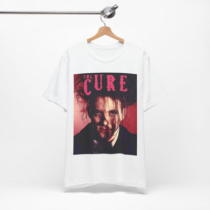 A black graphic t-shirt featuring a vintage graphic related to The Cure's 'Just Like Heaven' song or era.